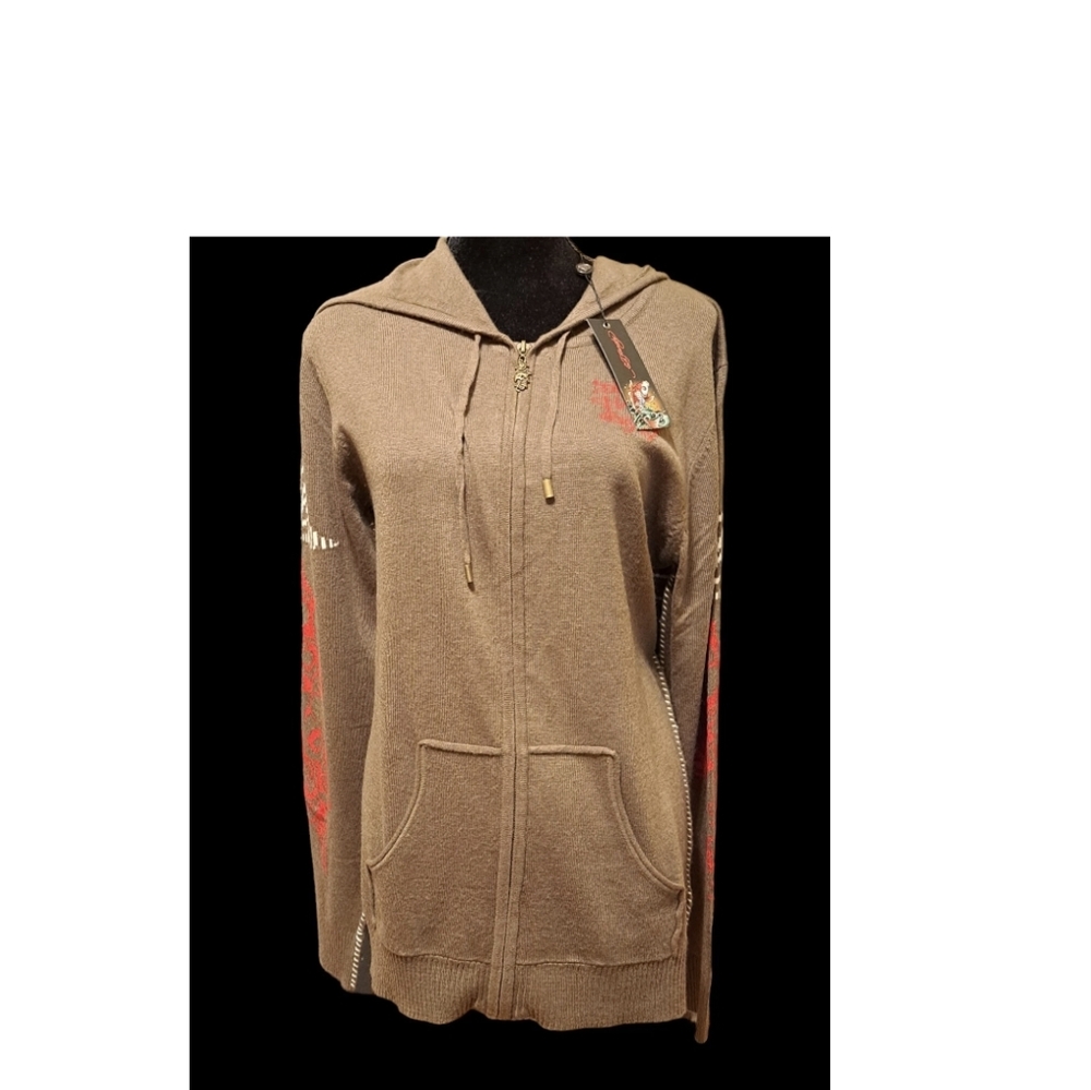 Ed Hardy Hooded Wool Blend Zip Knit Sweater Cardigan Olive Green  Tiger - XL